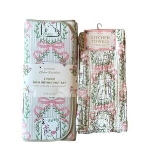 ENVOGUE Kitchen Dish Drying Mat & Towel Set of 4 Dogs & Pink Bows NEW